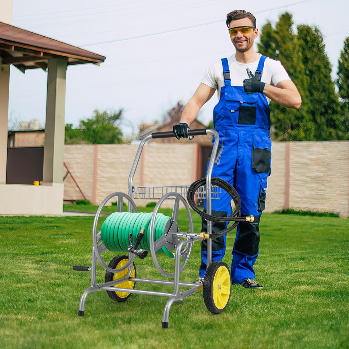 Garden Hose Reel Cart with 2 Wheels and Storage Basket-Silver