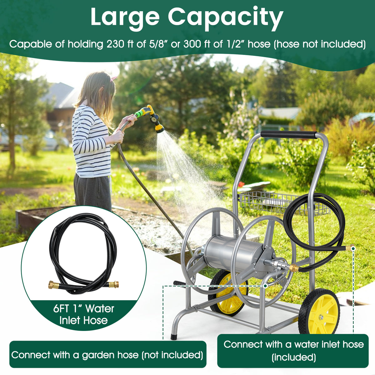 Garden Hose Reel Cart with 2 Wheels and Storage Basket-Silver