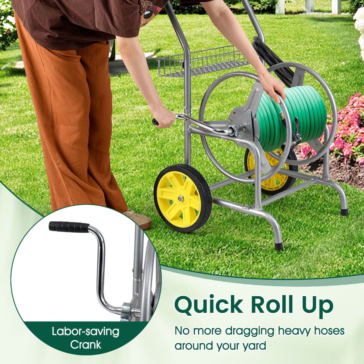 Garden Hose Reel Cart with 2 Wheels and Storage Basket-Silver