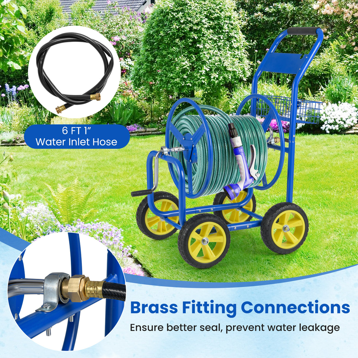 Garden Hose Reel Cart Metal Hose Cart with 4 Wheels and Storage Basket-Blue