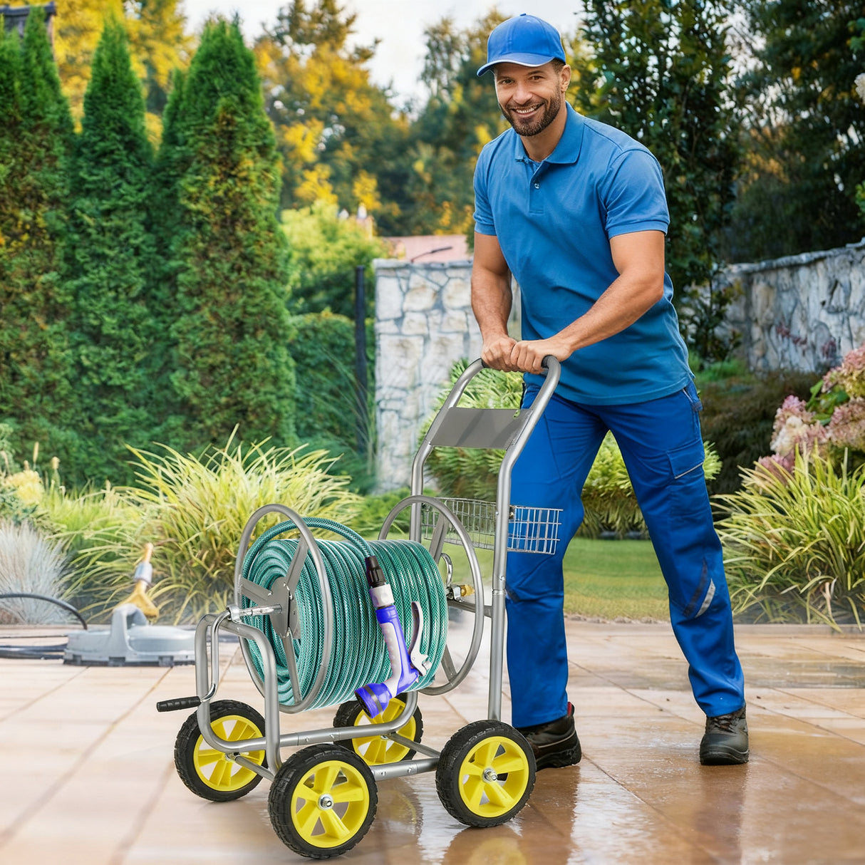 Garden Hose Reel Cart Metal Hose Cart with 4 Wheels and Storage Basket-Silver