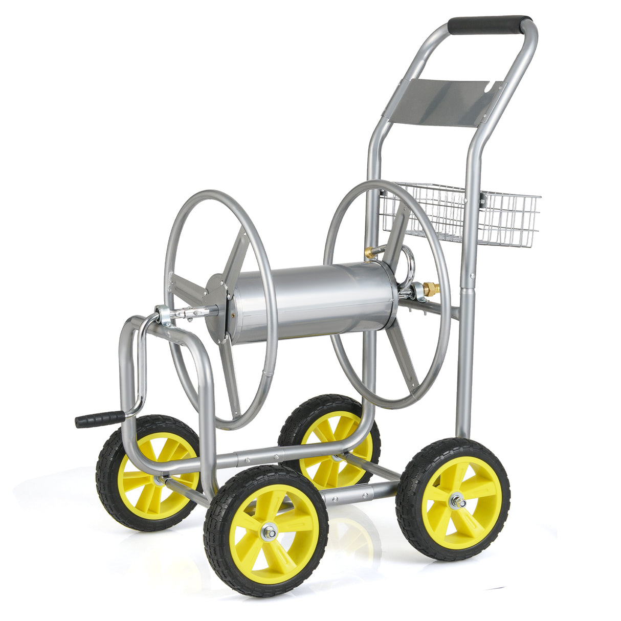 Garden Hose Reel Cart Metal Hose Cart with 4 Wheels and Storage Basket-Silver