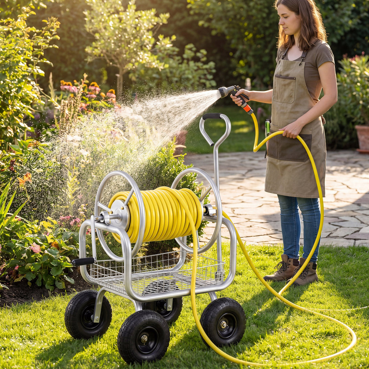 Garden Hose Reel Cart 300 Feet Large Capacity with 4 Wheels and Storage Basket-Silver