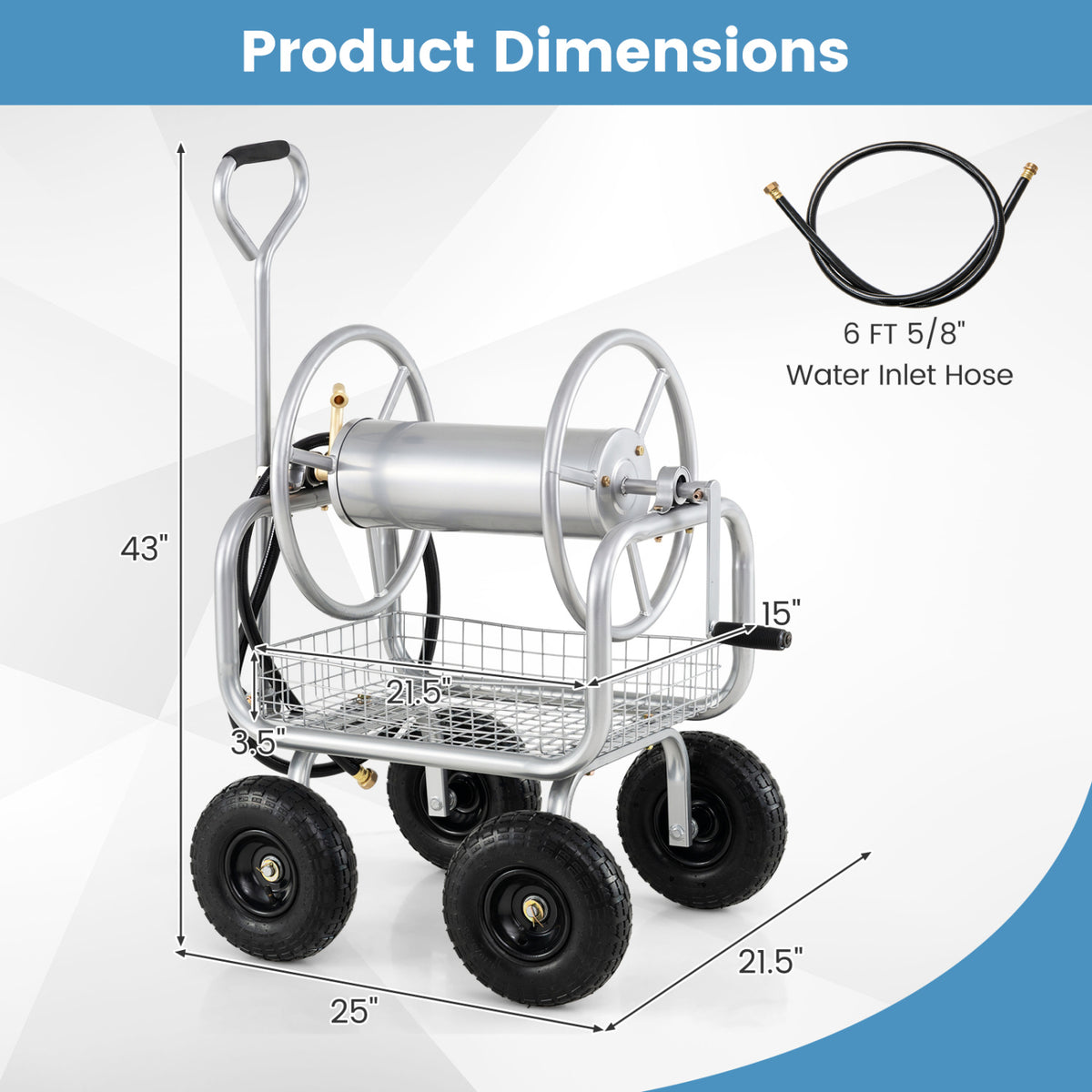 Garden Hose Reel Cart 300 Feet Large Capacity with 4 Wheels and Storage Basket-Silver