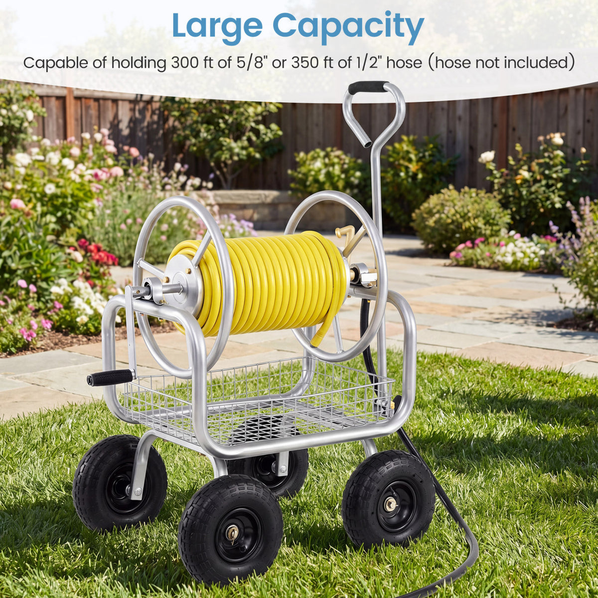 Garden Hose Reel Cart 300 Feet Large Capacity with 4 Wheels and Storage Basket-Silver