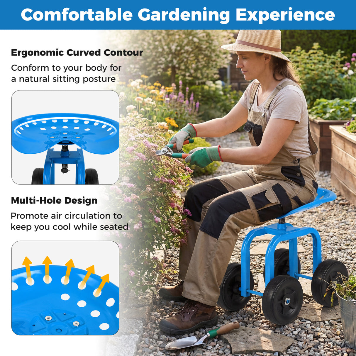 Garden Rolling Workseat with 360 ° Swivel Seat and Adjustable Height-Blue