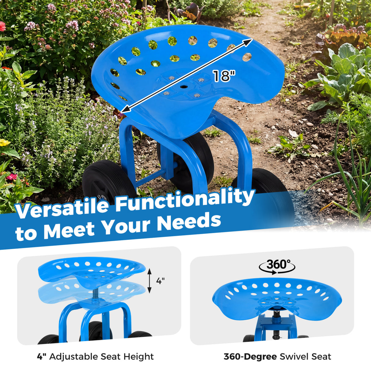 Garden Rolling Workseat with 360 ° Swivel Seat and Adjustable Height-Blue