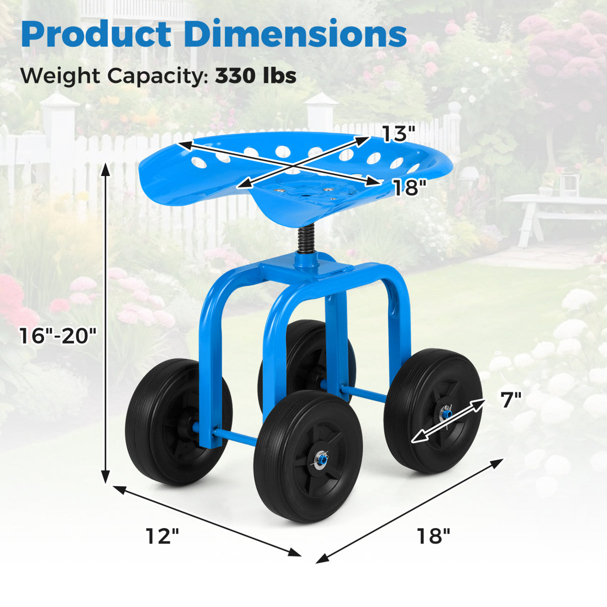 Garden Rolling Workseat with 360 ° Swivel Seat and Adjustable Height-Blue
