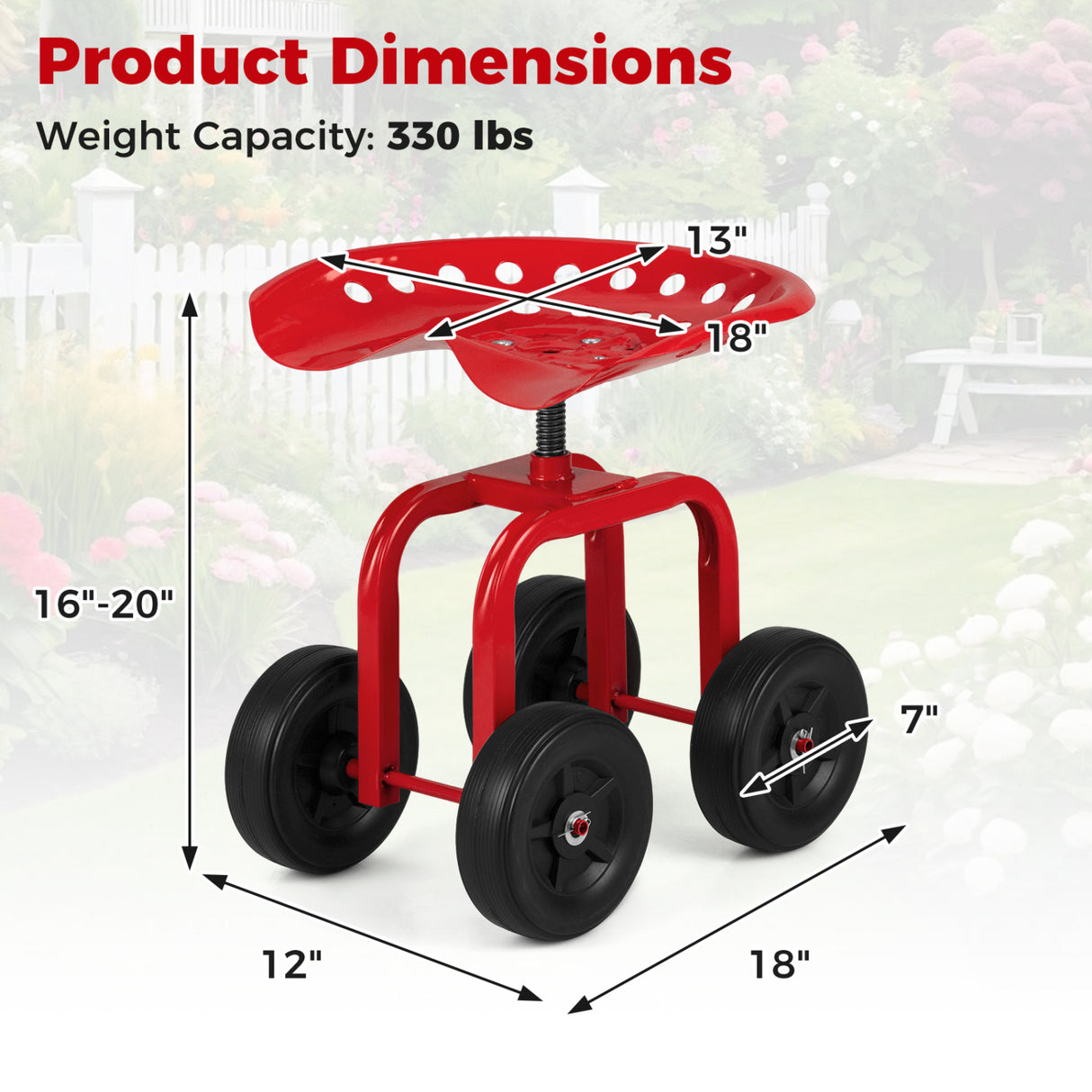 Garden Rolling Workseat with 360 ° Swivel Seat and Adjustable Height-Red