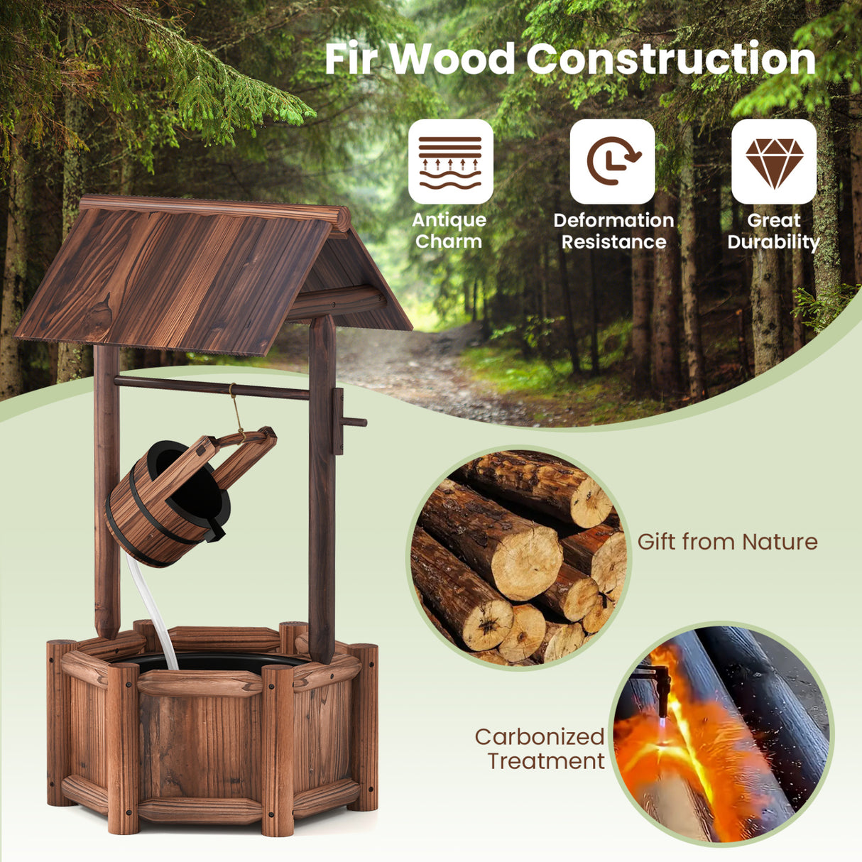Garden Rustic Wishing Well Wooden Water Fountain with Pump