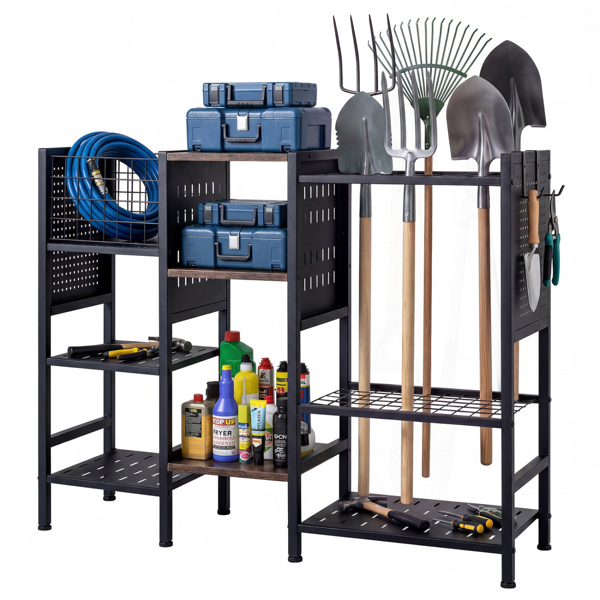 Garden Tool Organizer with Wooden Shelves for Garage and Shed-Black