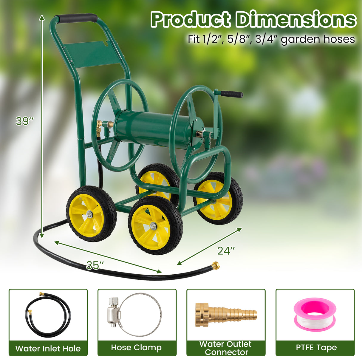 Garden Water Hose Reel Cart with 4 Wheels and Non-slip Grip-Green