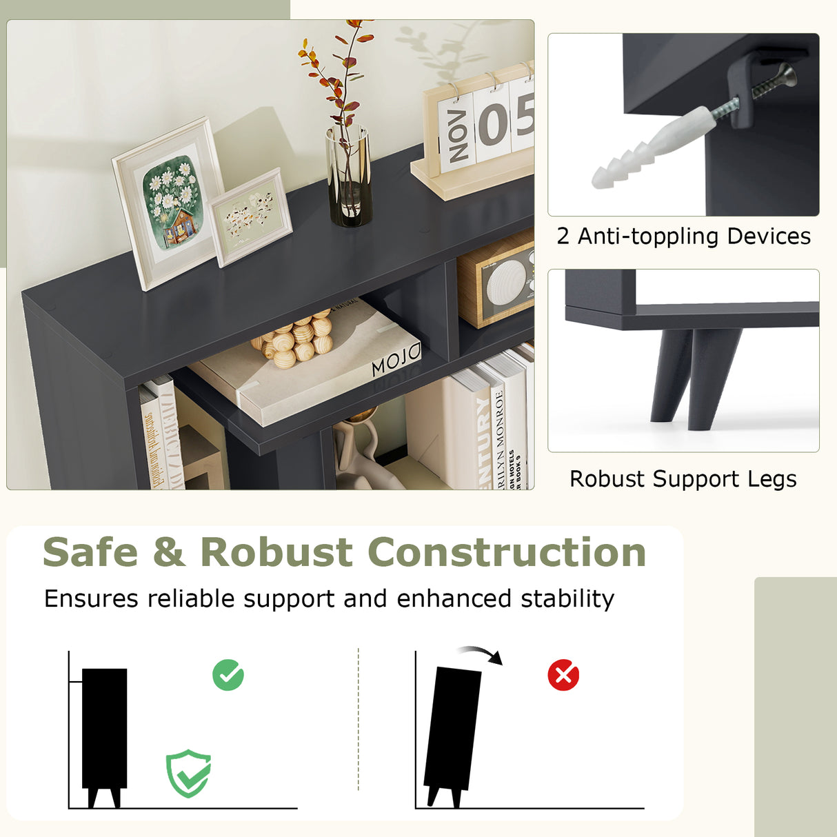 Geometric Bookcase with Anti-Tipping Kit and Storage Shelving Unit-Black