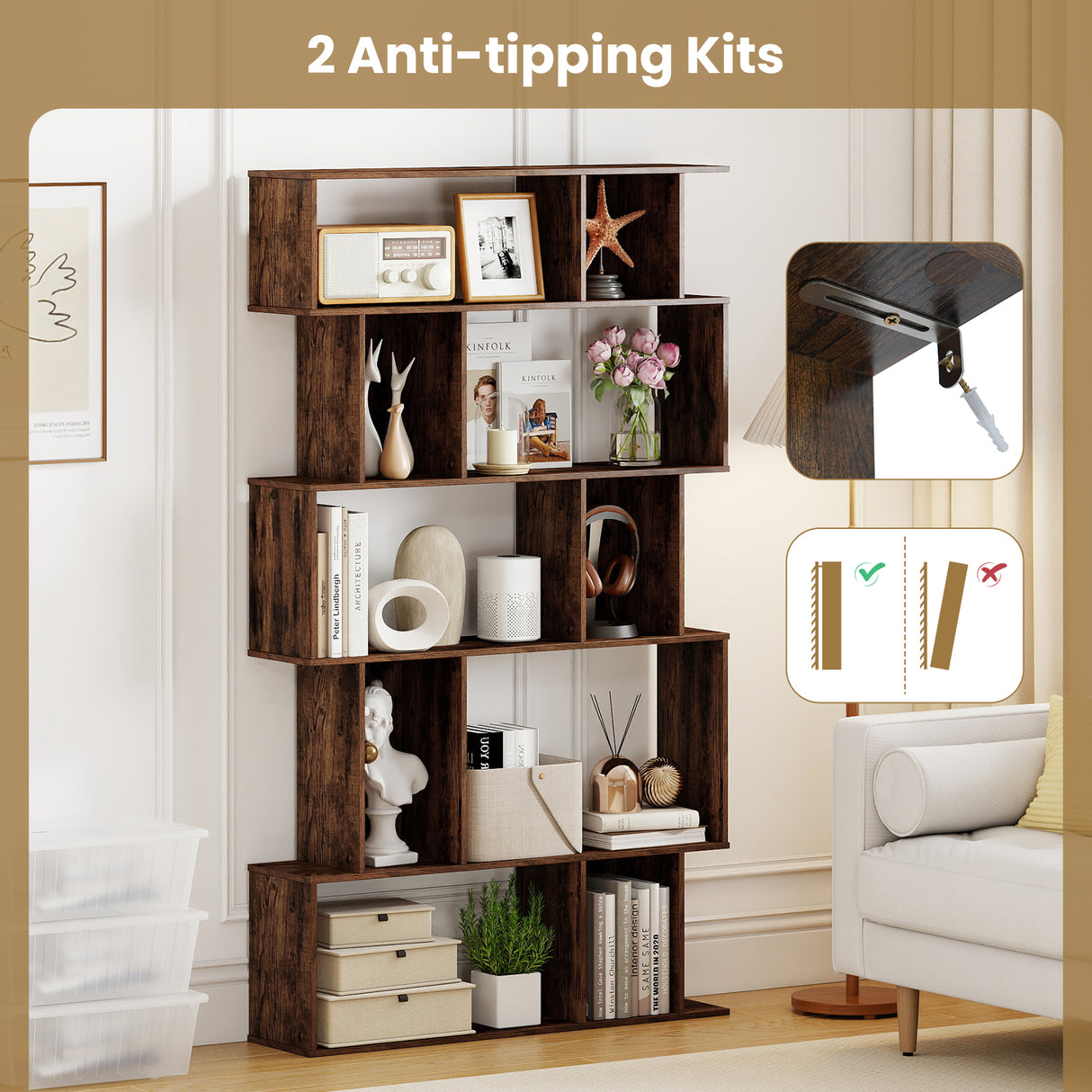 Geometric Bookshelf 5-Tier Bookcase with Open Shelves and Closed-back Cubes-Brown