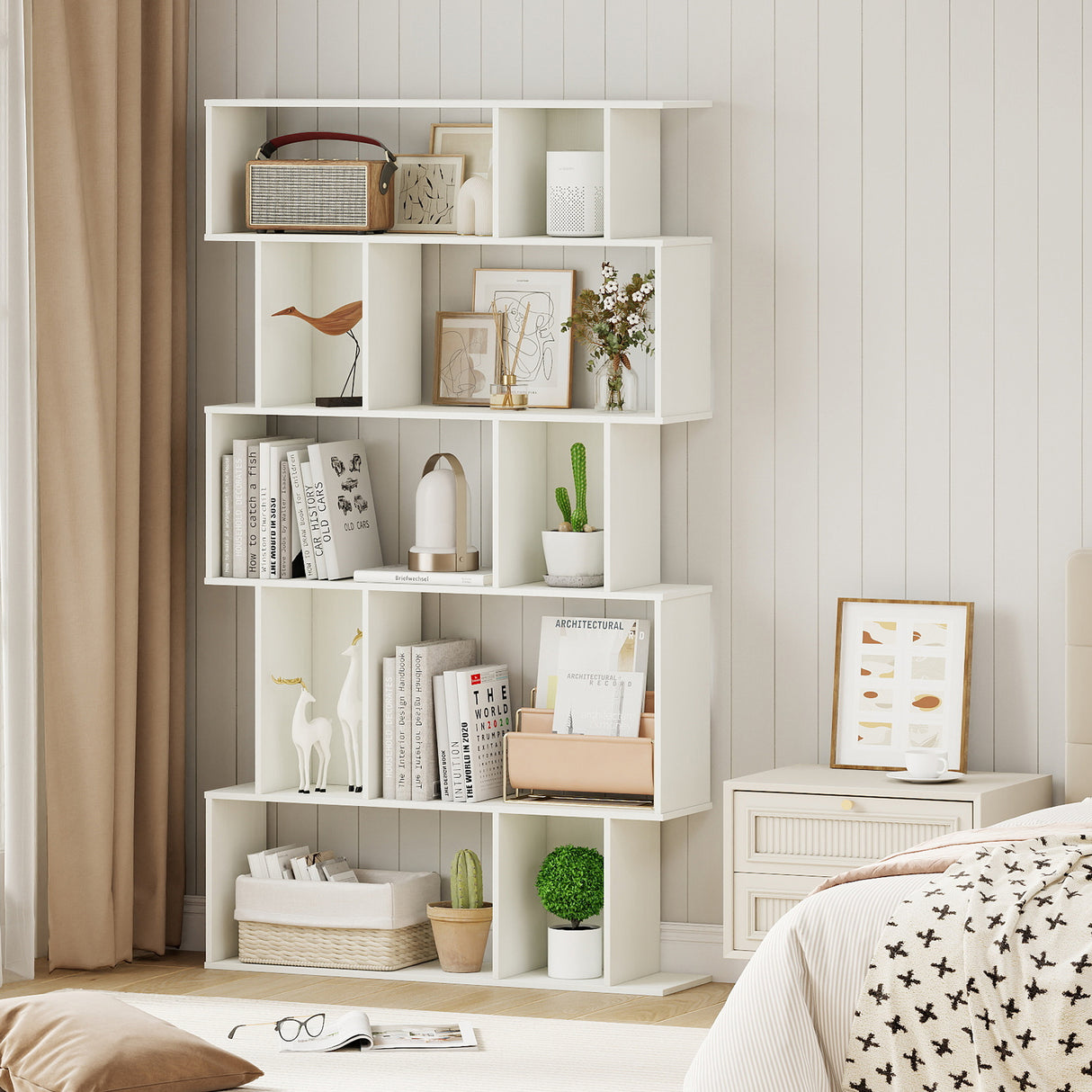 Geometric Bookshelf 5-Tier Bookcase with Open Shelves and Closed-back Cubes-White