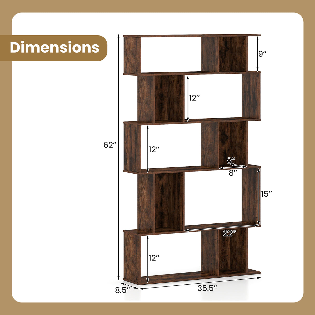 Geometric Bookshelf Set of 2 5-Tier Bookcase with Open Shelves and Closed-back Cubes-Brown