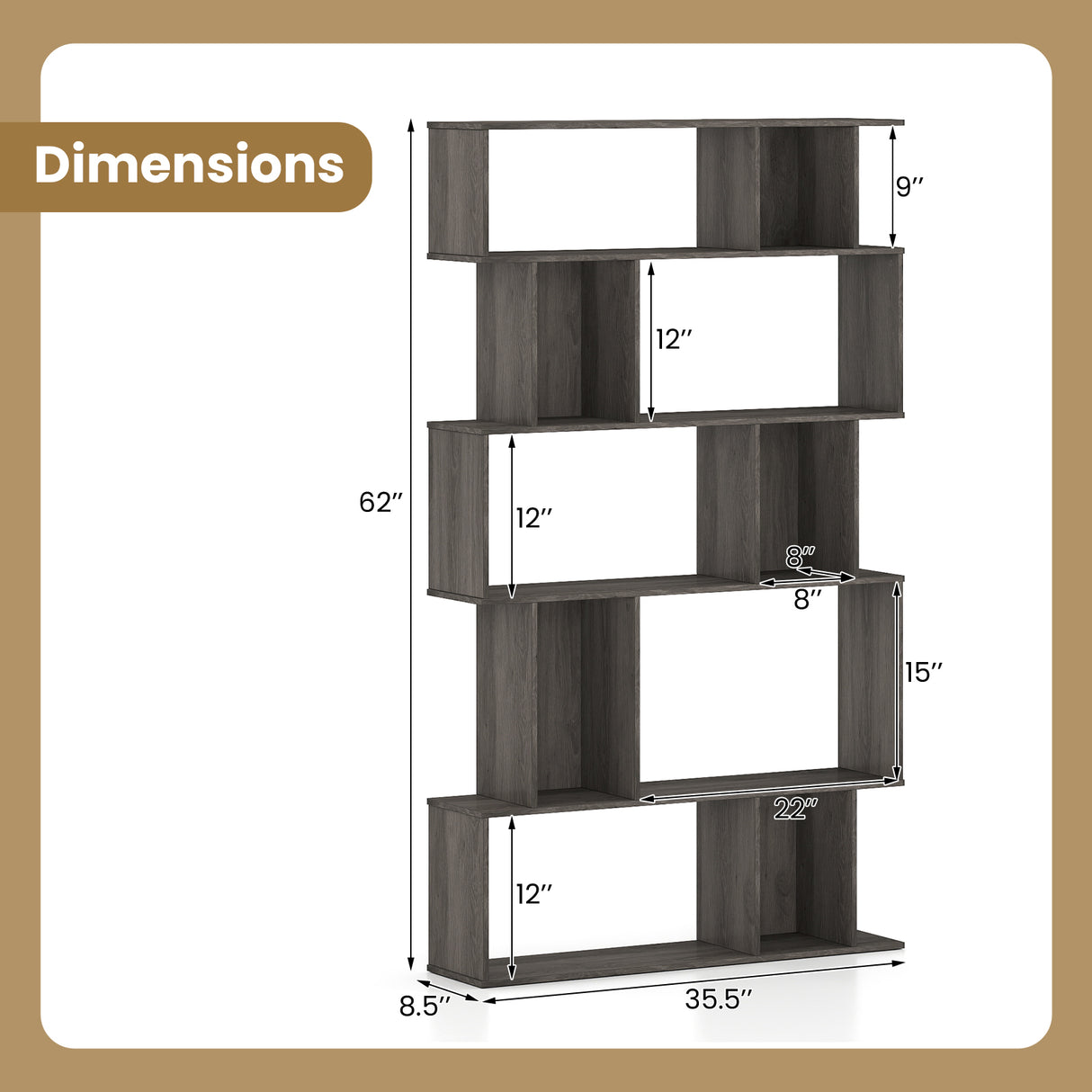 Geometric Bookshelf Set of 2 5-Tier Bookcase with Open Shelves and Closed-back Cubes-Oak
