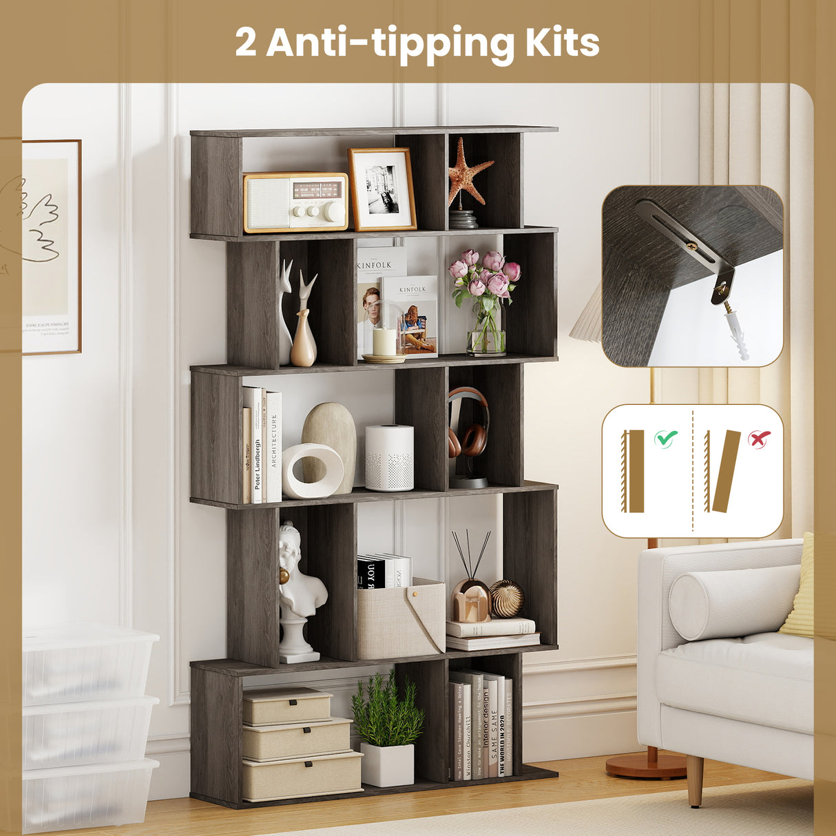Geometric Bookshelf Set of 2 5-Tier Bookcase with Open Shelves and Closed-back Cubes-Oak
