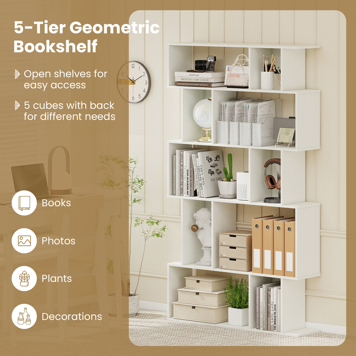 Geometric Bookshelf Set of 2 5-Tier Bookcase with Open Shelves and Closed-back Cubes-White