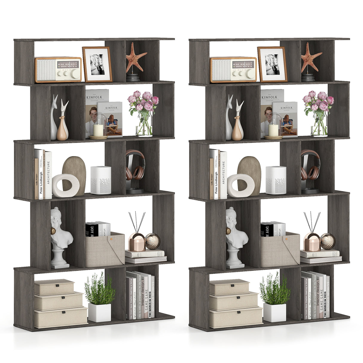Geometric Bookshelf Set of 2 5-Tier Bookcase with Open Shelves and Closed-back Cubes-Oak