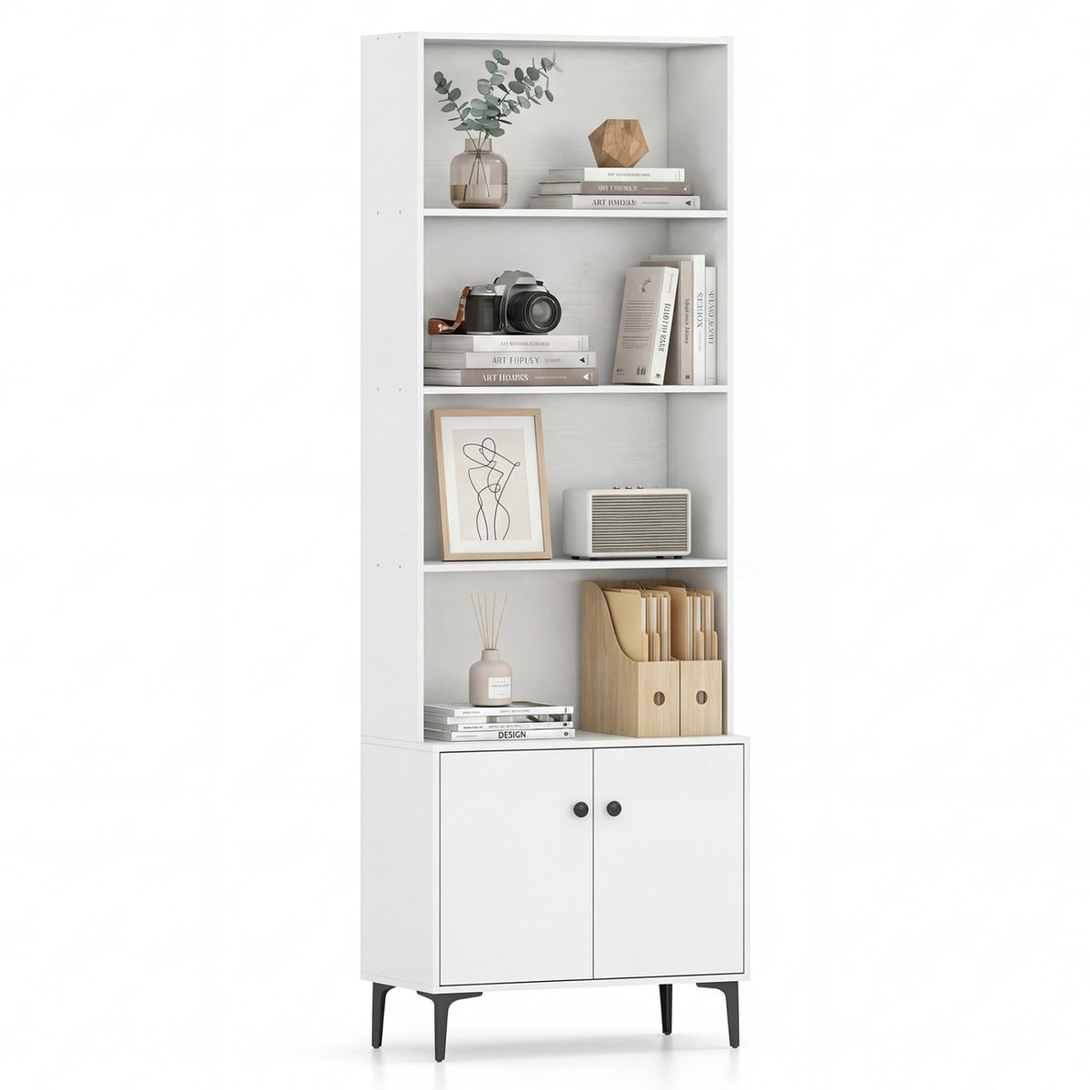 Giantex Bookshelf with Doors and 2 Anti-Tipping Kits for Home Office-White