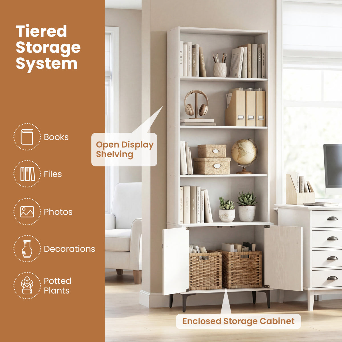 Giantex Bookshelf with Doors and 2 Anti-Tipping Kits for Home Office-White