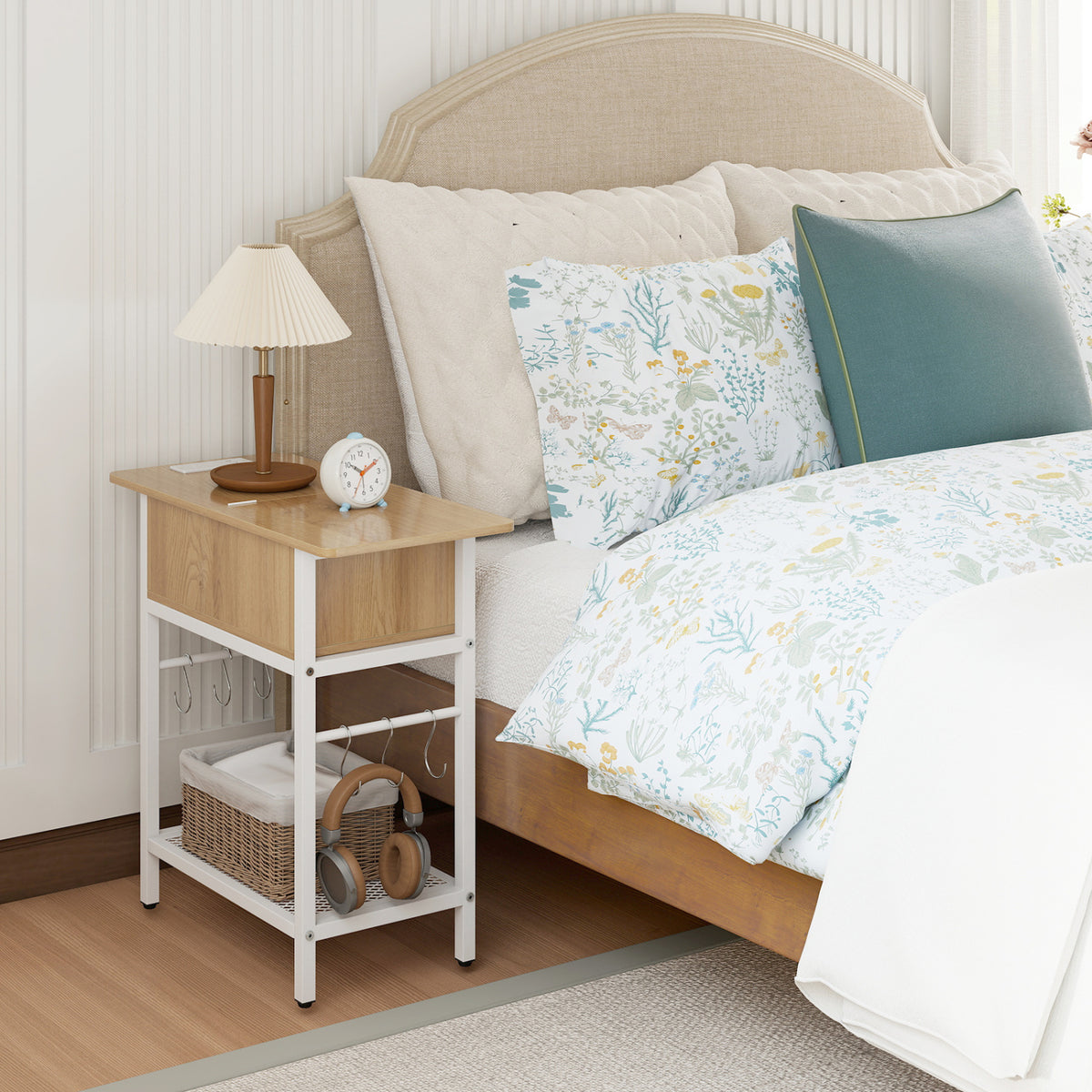 End Table with Charging Station USB Ports Outlets and Flip Top-Natural
