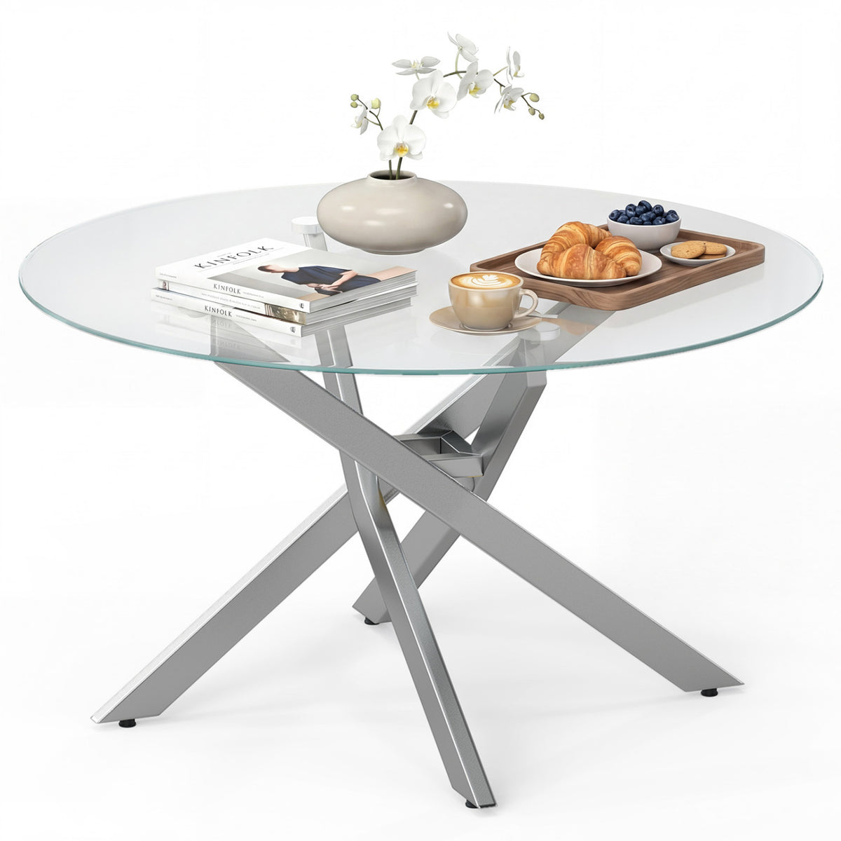Glass Coffee Table Round Clear Center Table with Tempered Glass Top-Silver