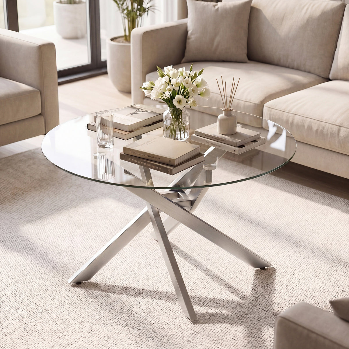 Glass Coffee Table Round Clear Center Table with Tempered Glass Top-Silver