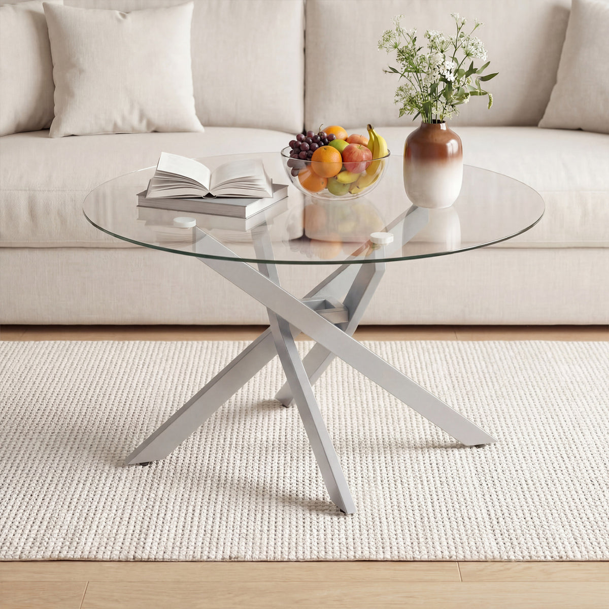 Glass Coffee Table Round Clear Center Table with Tempered Glass Top-Silver