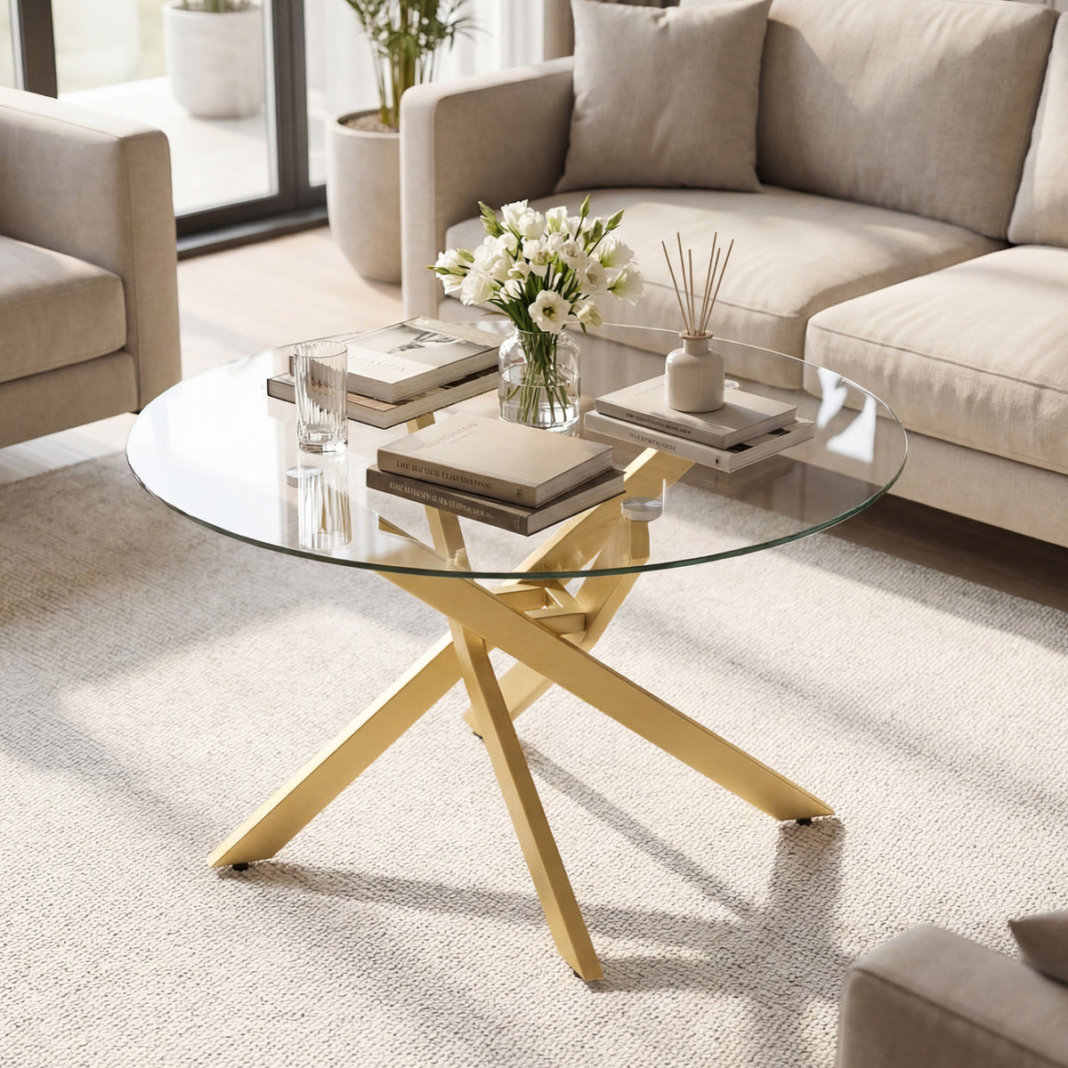 Glass Coffee Table Round Clear Center Table with Tempered Glass Top-Golden