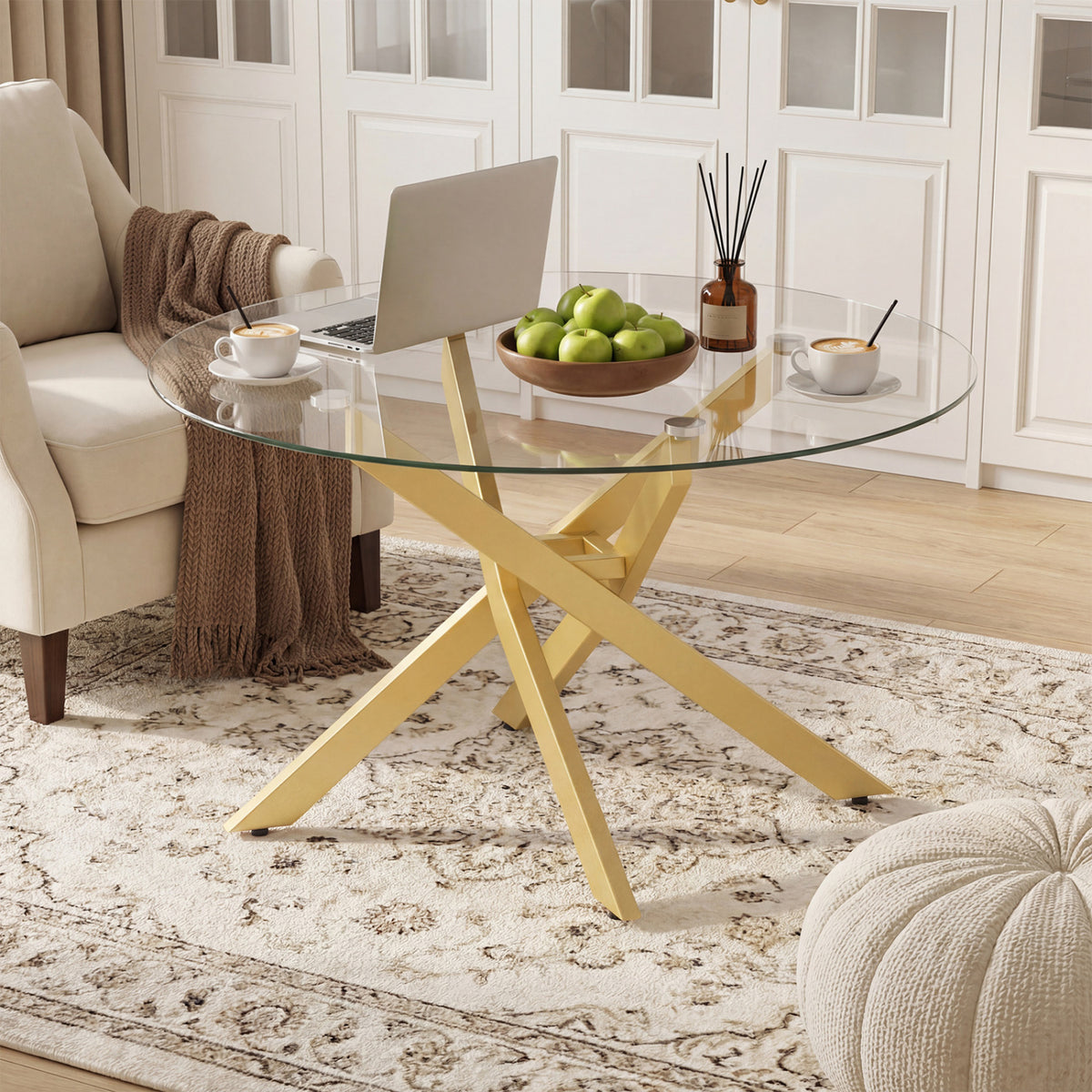 Glass Coffee Table Round Clear Center Table with Tempered Glass Top-Golden