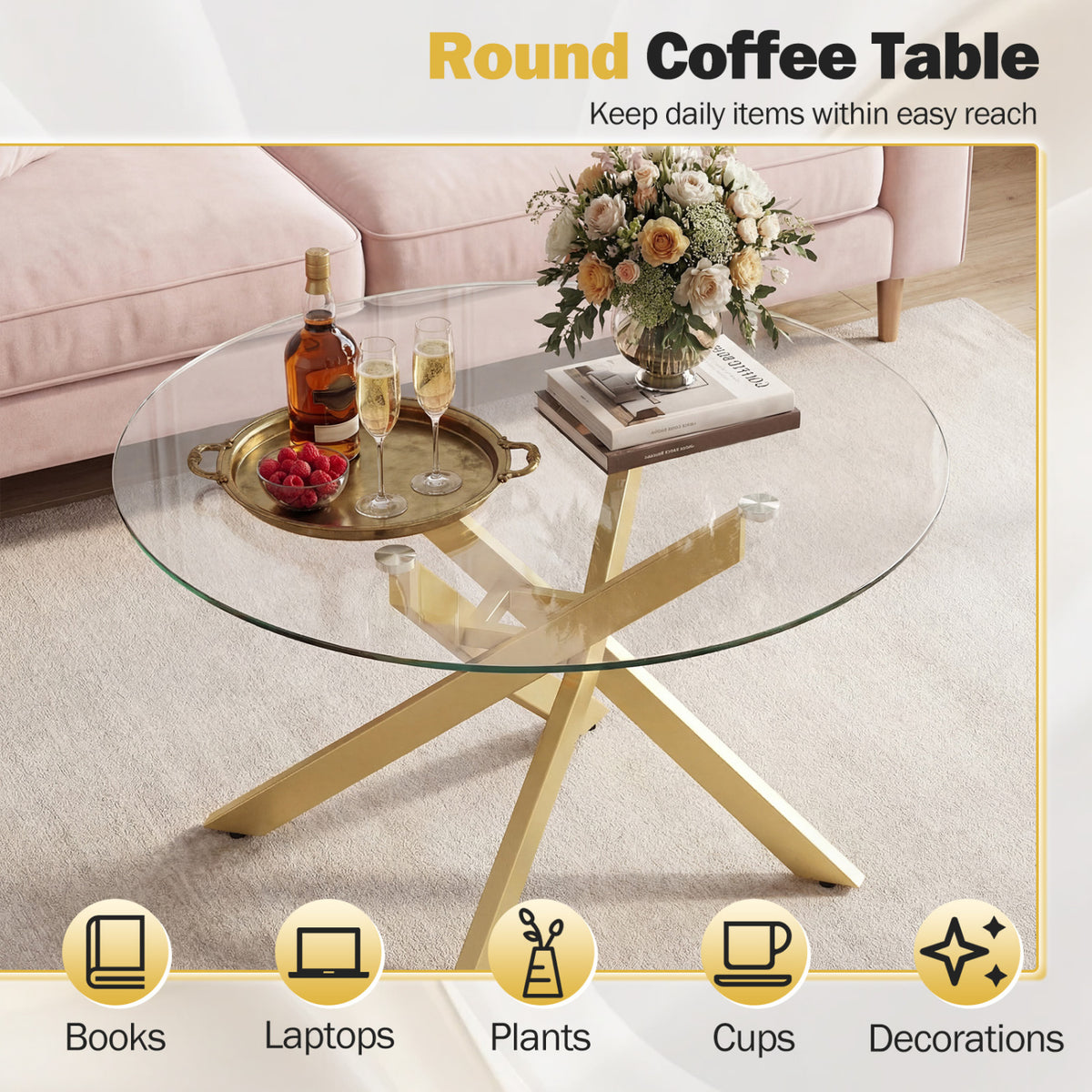 Glass Coffee Table Round Clear Center Table with Tempered Glass Top-Golden