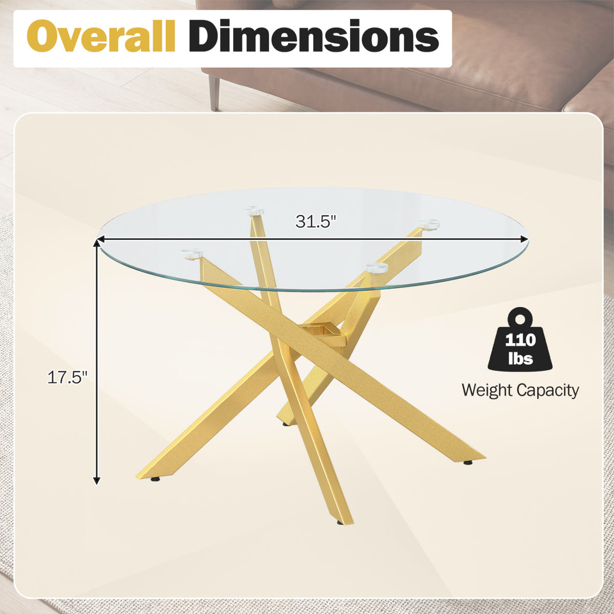 Glass Coffee Table Round Clear Center Table with Tempered Glass Top-Golden