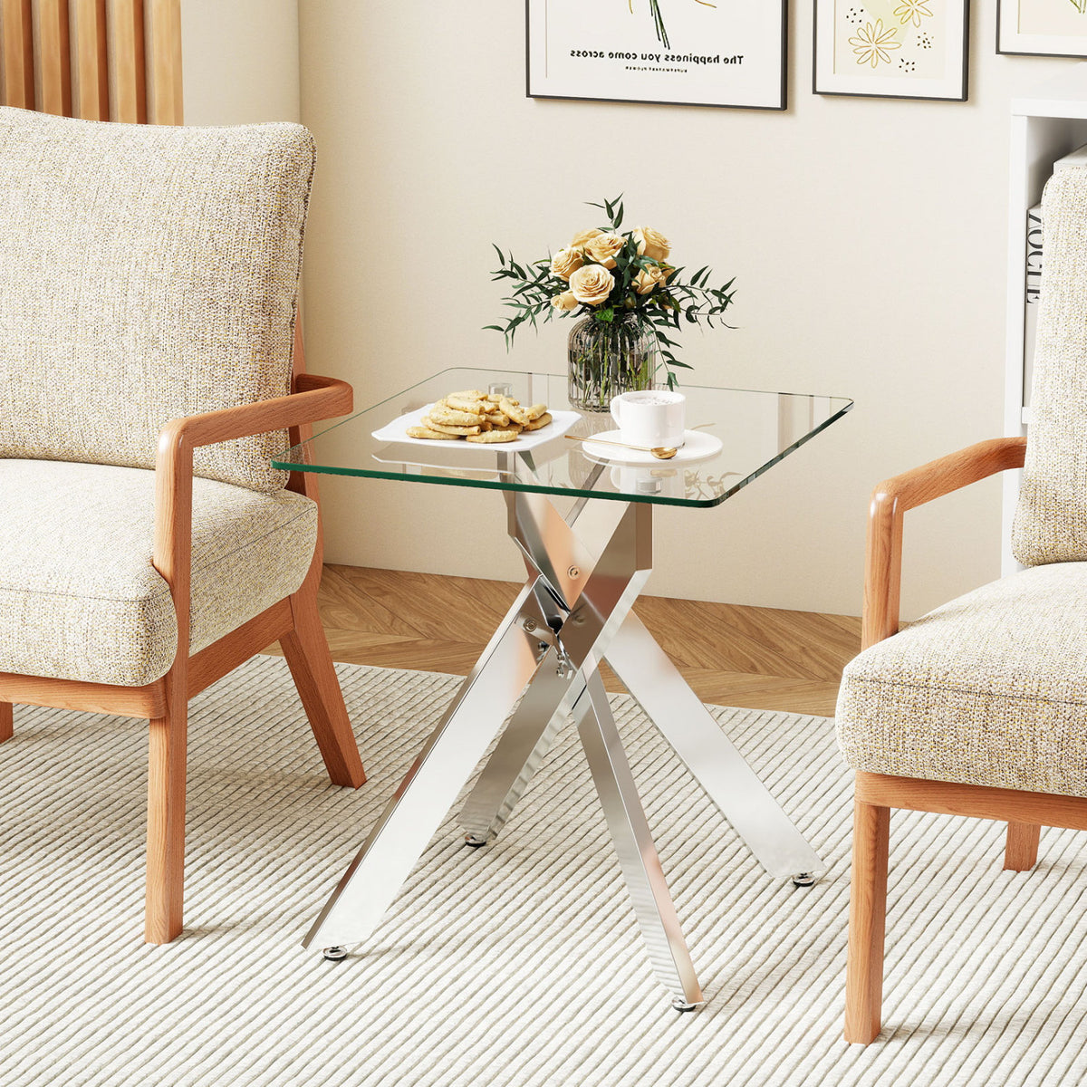 Glass Side Table Square End Table with Tempered Glass Top and Metal X Base-Silver