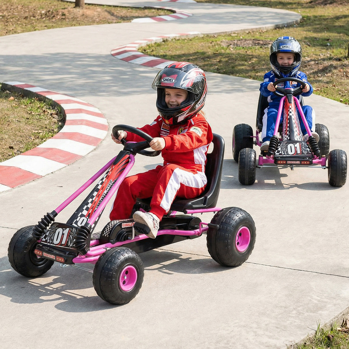 Go Kart for Kids 4 Wheels Pedal with Adjustable Seat and Multi-Terrain Wheels-Pink