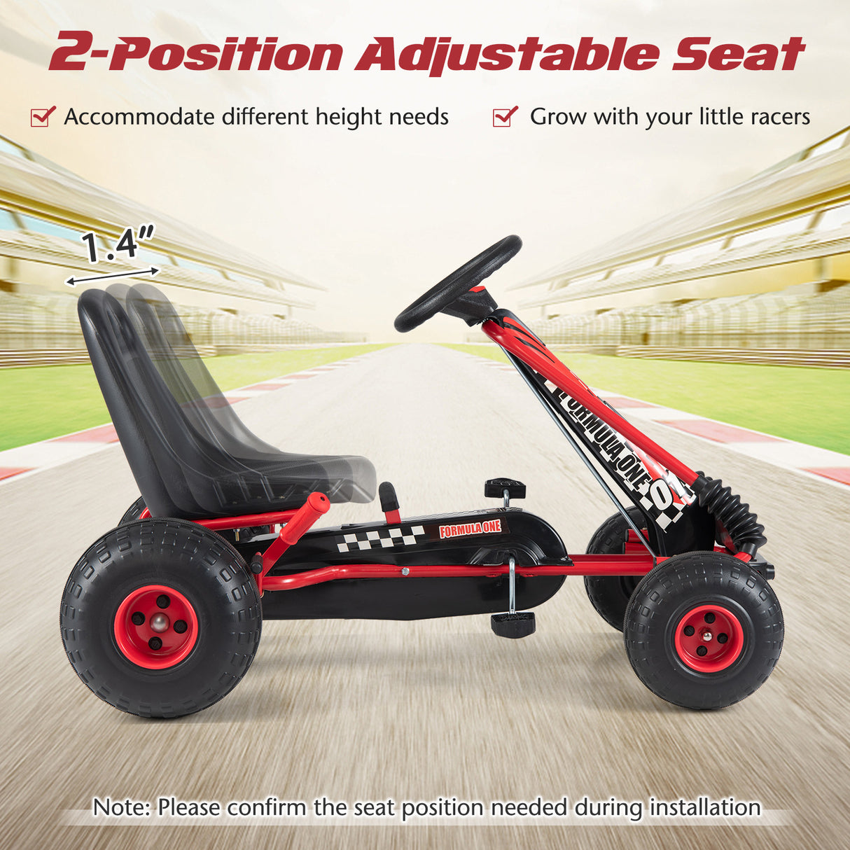 Go Kart for Kids 4 Wheels Pedal with Adjustable Seat and Multi-Terrain Wheels-Red
