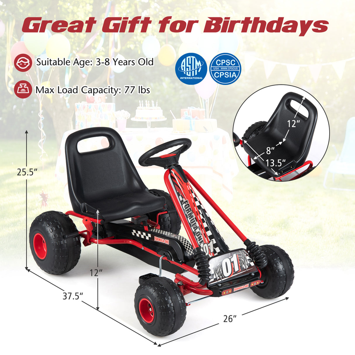 Go Kart for Kids 4 Wheels Pedal with Adjustable Seat and Multi-Terrain Wheels-Red