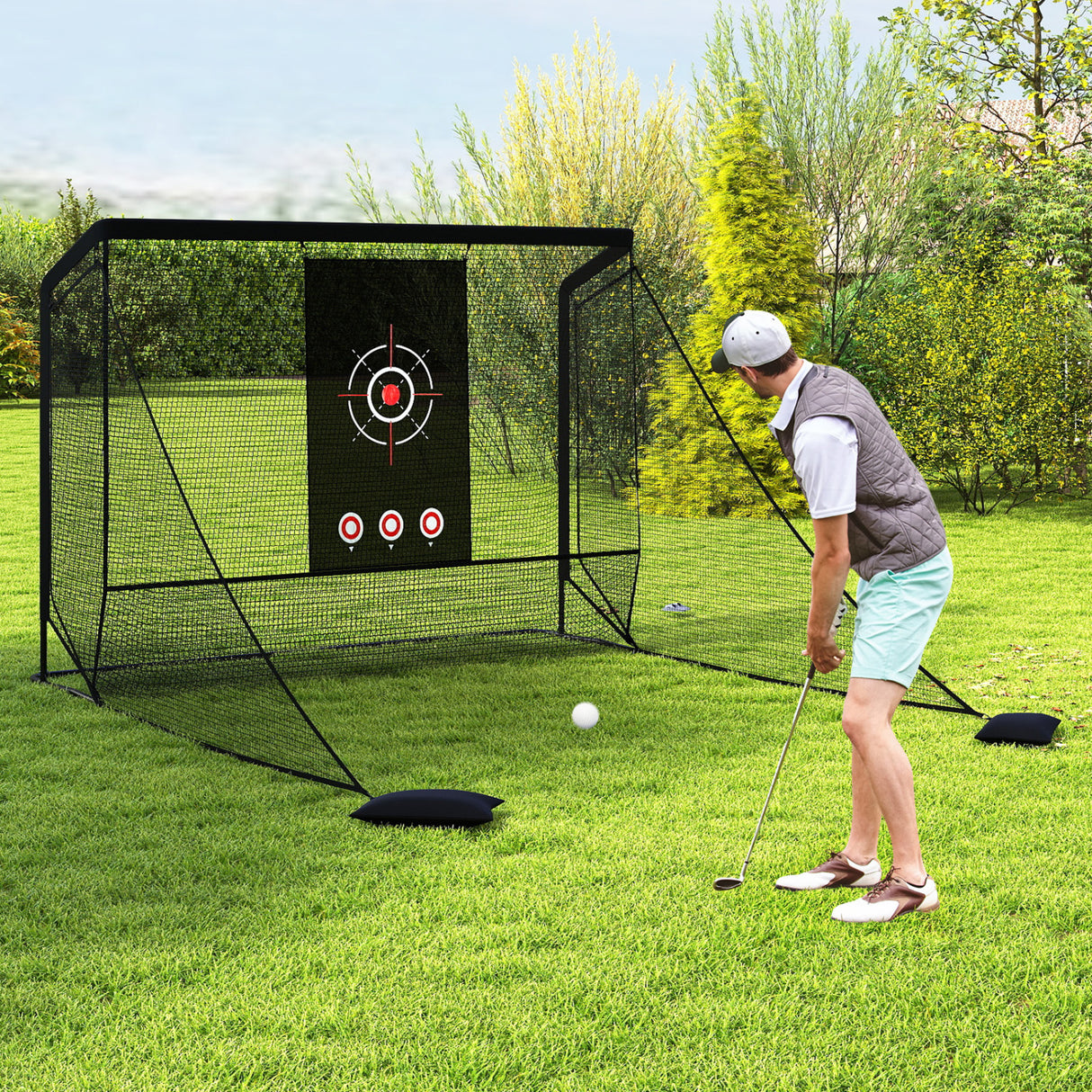 Golf Practice Hitting Net Golf Cage with Dual Side Barriers Target Cloth Metal Frame
