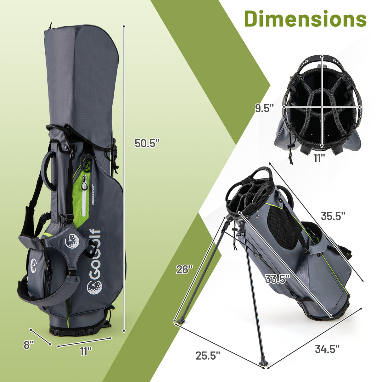 Golf Stand Bag Lightweight Golf Bag with 8 Way Top Dividers and 5 Zippered Pockets-Gray
