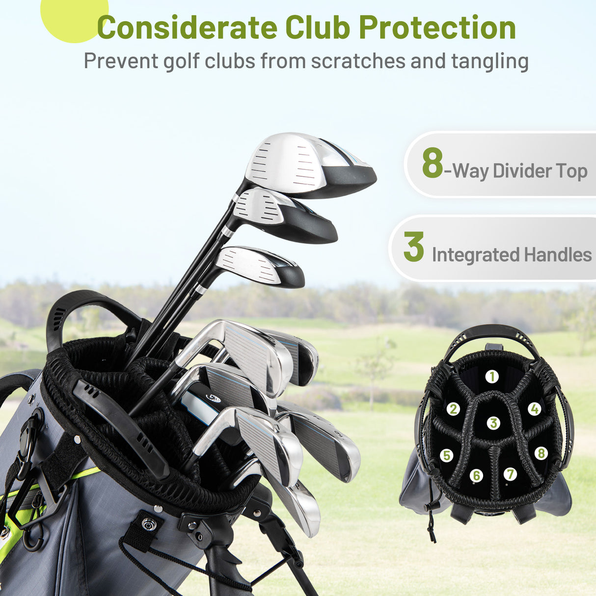 Golf Stand Bag Lightweight Golf Bag with 8 Way Top Dividers and 5 Zippered Pockets-Gray