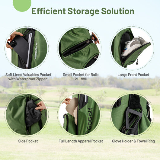 Golf Stand Bag Lightweight Golf Bag with 8 Way Top Dividers and 5 Zippered Pockets-Green