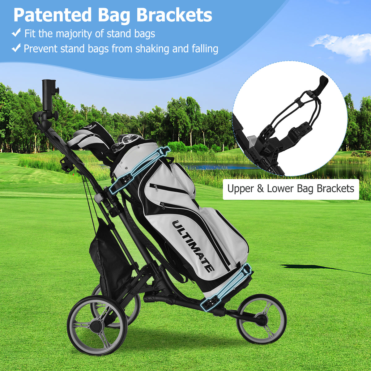 Folding 3 Wheels Golf Push Cart with Bag Scoreboard Adjustable Handle-Gray