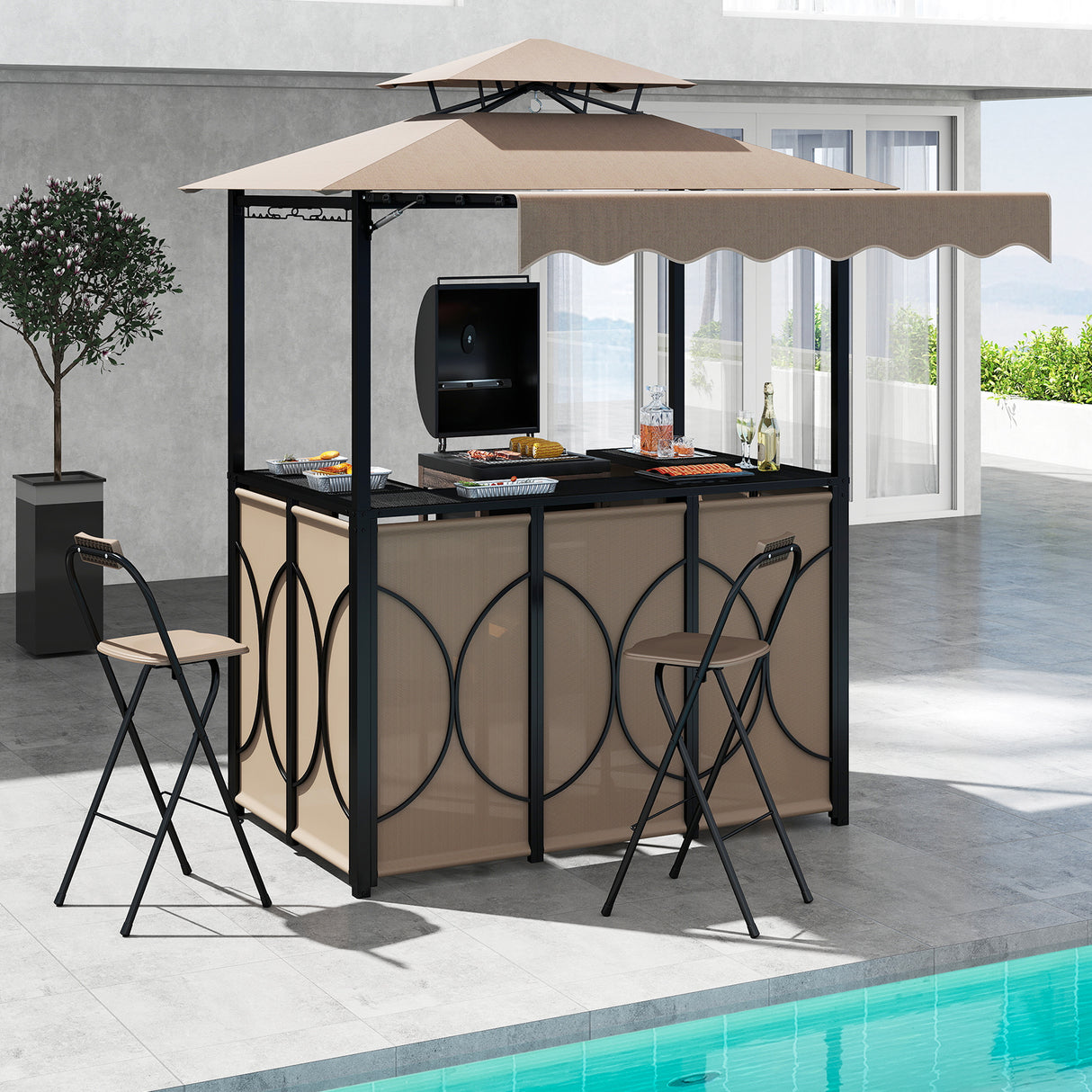 Grill Gazebo with Awning 3-Piece Outdoor BBQ Canopy Double-Tier Soft Top Barbecue Shelter-Coffee
