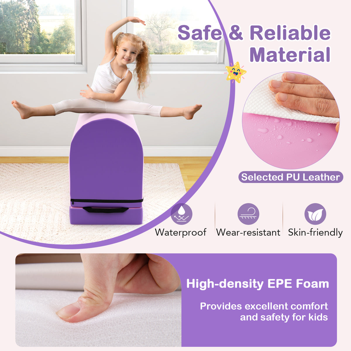Gymnastics Vaulting Box with Detachable Mat Carrying Handle for Kids-Purple