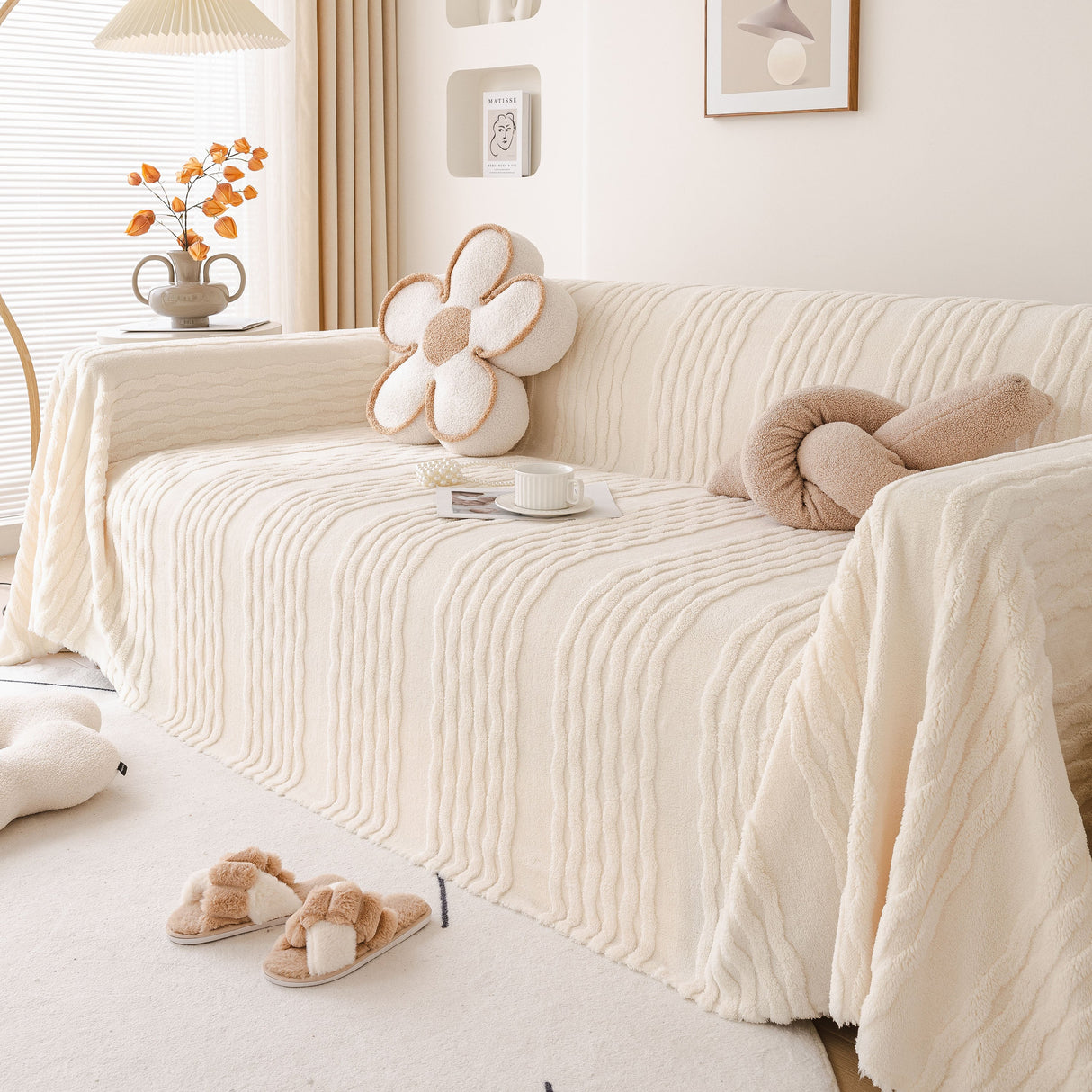 Modern 3D Water Ripple Sofa Cover, Non-Shedding Cream Style Furniture Protector Throw