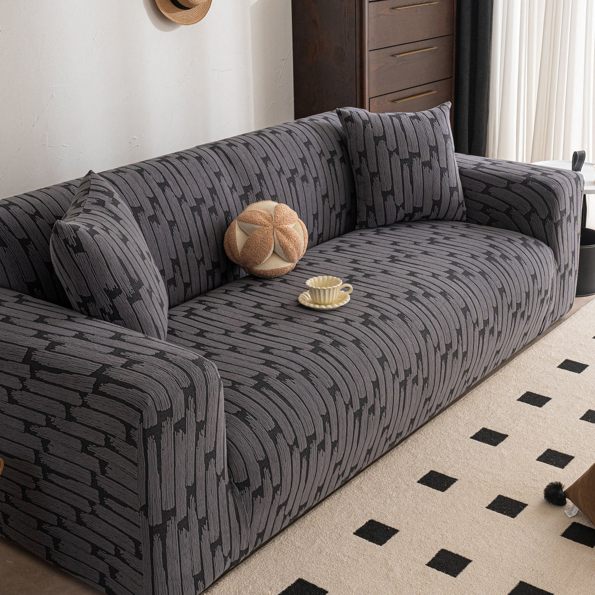 Plush Fleece Stretch Sofa Cover, Super Soft Textured Geometric Couch Slipcover