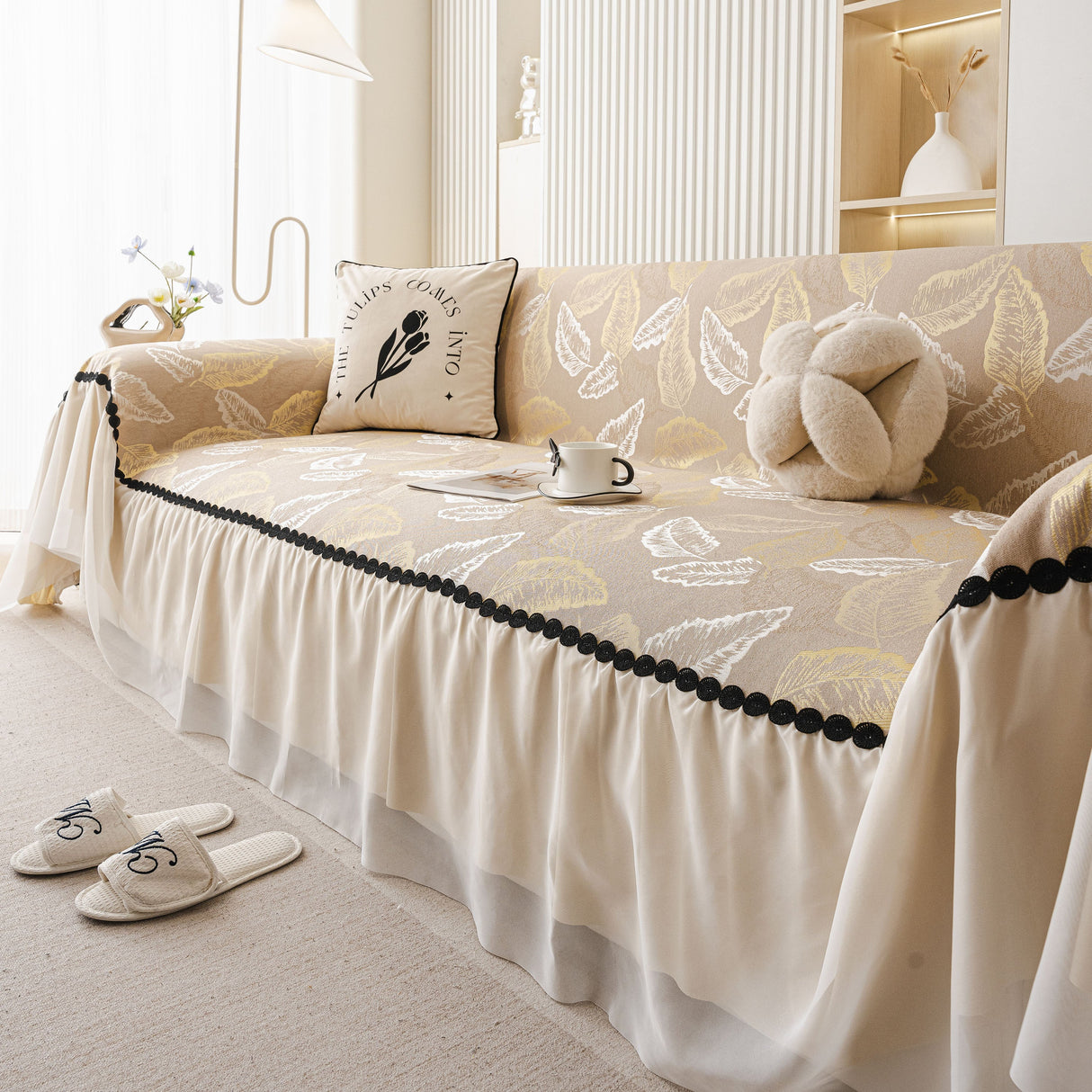 Leaf Jacquard Sofa Cover with Ruffle Skirt – Non-Slip Couch Protector with Sheer Hem