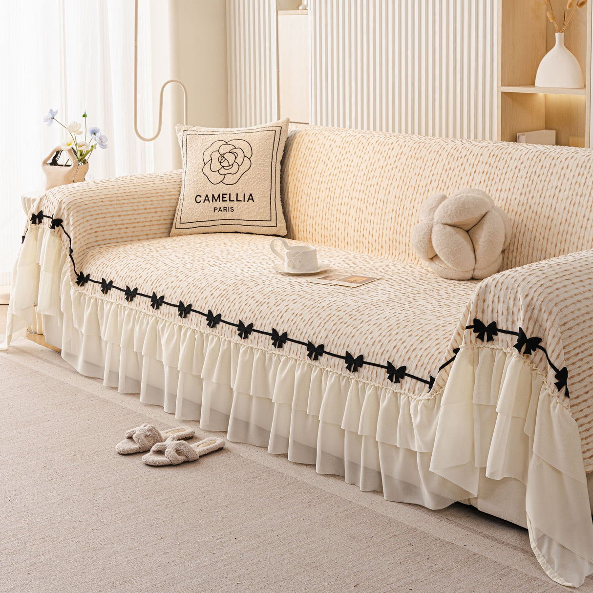 Ruffled Sofa Cover with Bowknot Decor, French Country Style Skirted Couch Slipcover