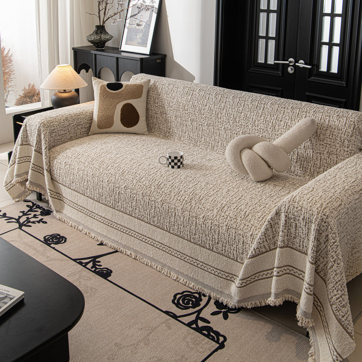 Textured Woven Furniture Protector for Couch, Rustic Farmhouse Sofa Throw Blanket